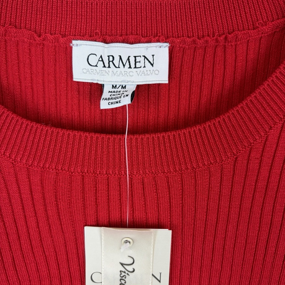Carmen Marc Valvo Ribbed Knit Top Womens Medium Red Sheer Sleeve New - Picture 3 of 12
